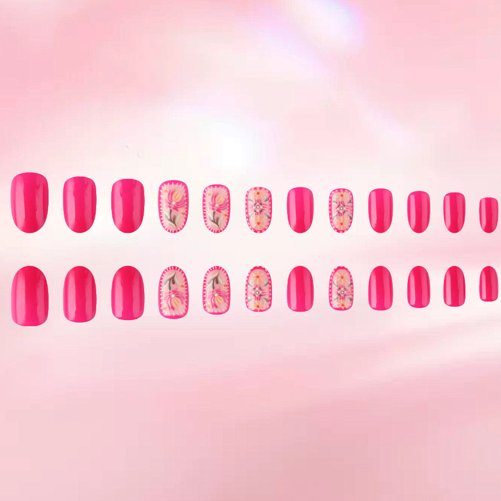24pcs/Set Pink Embossed Floral Press-On Nails