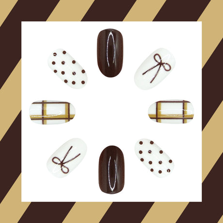 24pcs/Set Brown Bow Polka Dot Striped Press On Nails