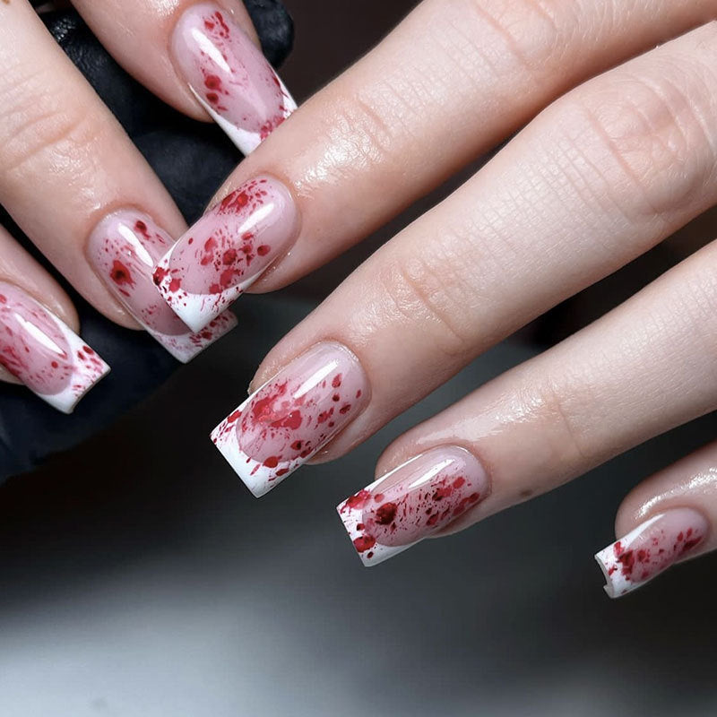24pcs/Set White French Tip with Red Blood Splatter Press On Nails