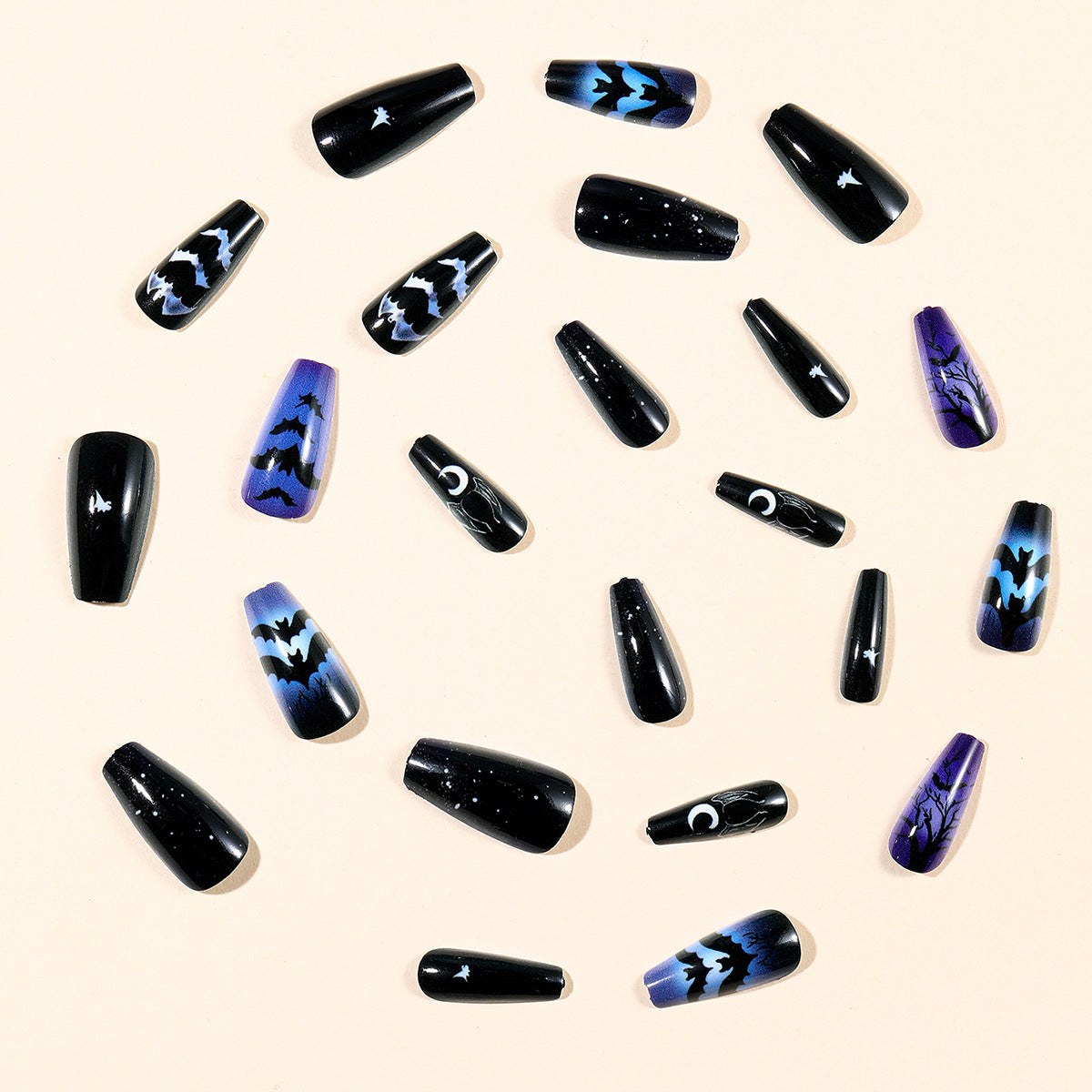 24pcs/Set Black & Purple Ombre Bat Crescent Moon Press On Nails