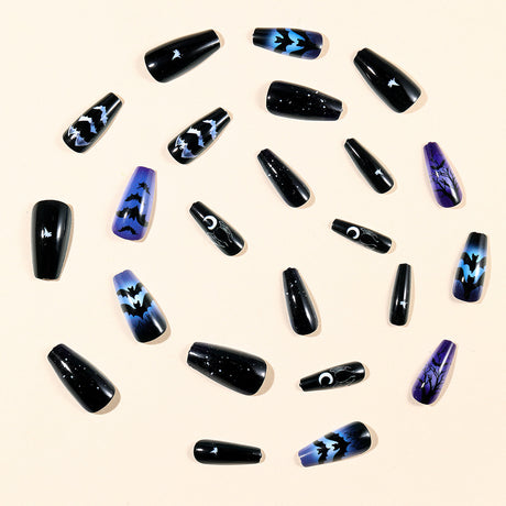 24pcs/Set Black & Purple Ombre Bat Crescent Moon Press On Nails