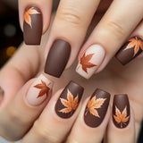 24pcs/Set Matte Brown Maple Leaves Press On Nails