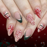 24pcs/Set Glitter Candy Cane French Tips with Plaid Press On Nails