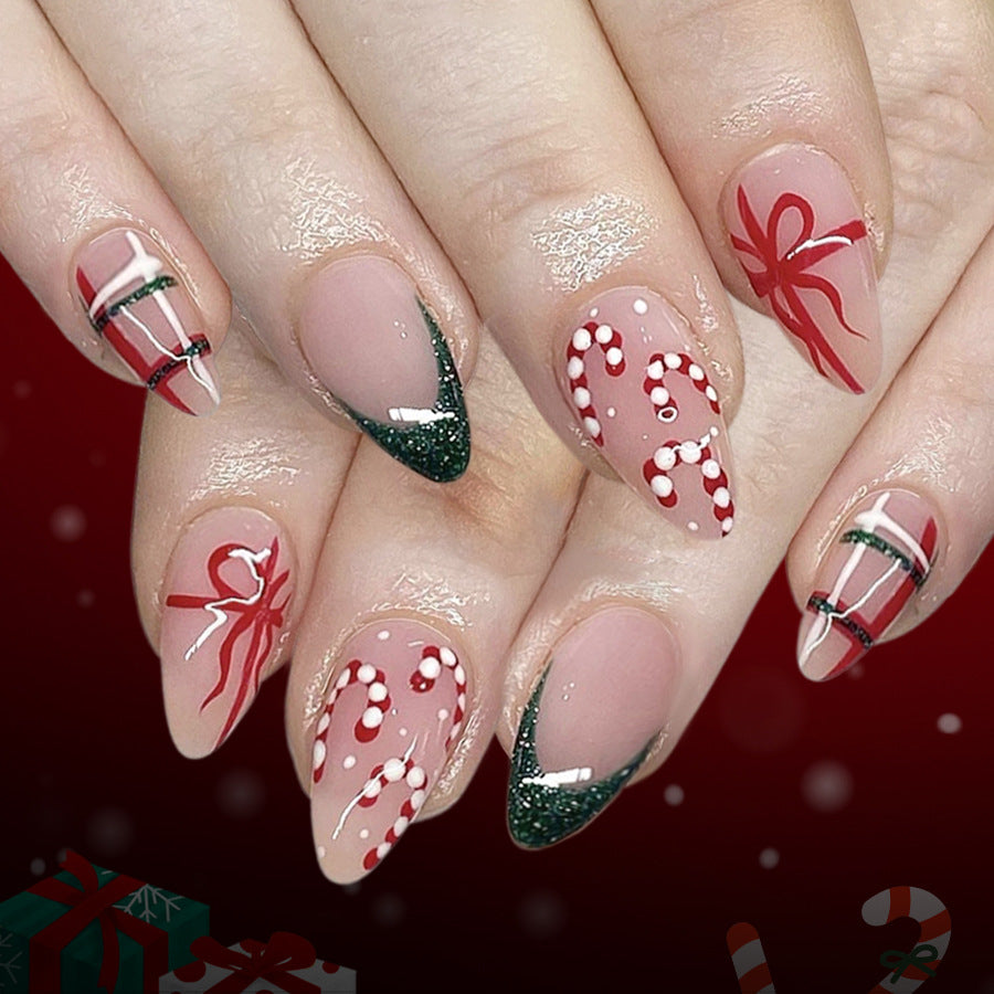 24pcs/Set Glitter Candy Cane French Tips with Plaid Press On Nails