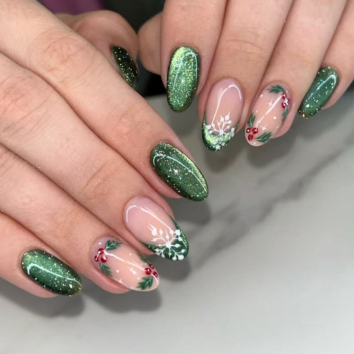 24pcs/Set Green Cat Eye French Snowflake Press On Nails