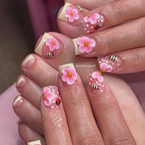(Handmade) 10pcs/Set Yellow French 3D Pink Flower & Bumblebee Press-On Nails