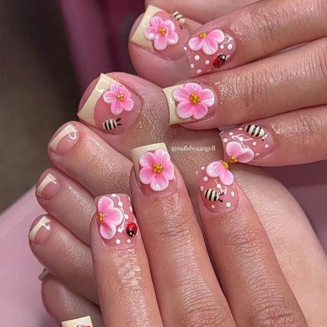 (Handmade) 10pcs/Set Yellow French 3D Pink Flower & Bumblebee Press-On Nails