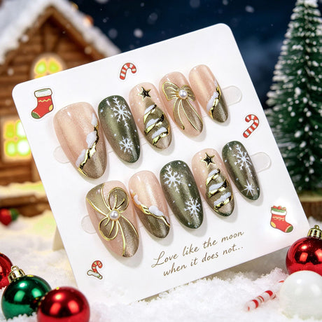 24pcs/Set Cat-Eye Bow & Gold Snowflakes Press On Nails
