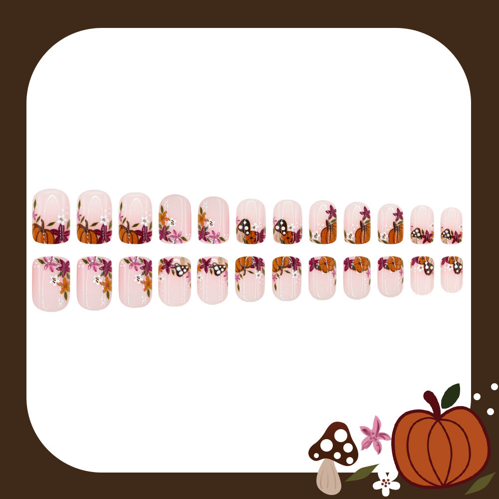 24pcs/Set Maple Leaf, Floral & Mushroom Press On Nails