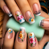 24pcs/Set Watercolor Floral French Black Lace Press-On Nails