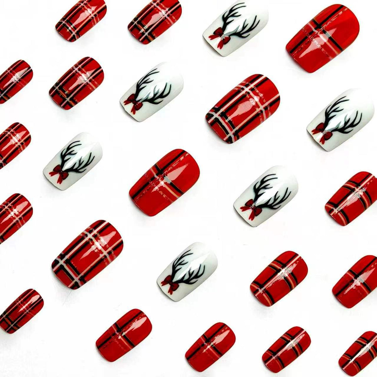 24pcs/Set Red Plaid Reindeer Press-On Nails