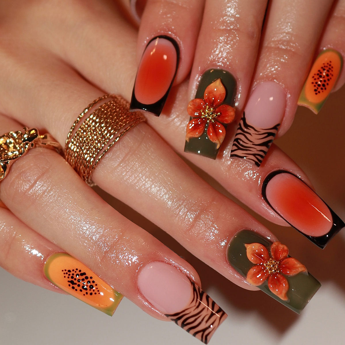 24pcs/Set Zebra Print French Tip with 3D Flowers Press On Nails