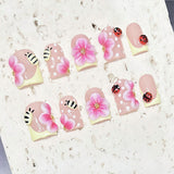 (Handmade) 10pcs/Set Yellow French 3D Pink Flower & Bumblebee Press-On Nails
