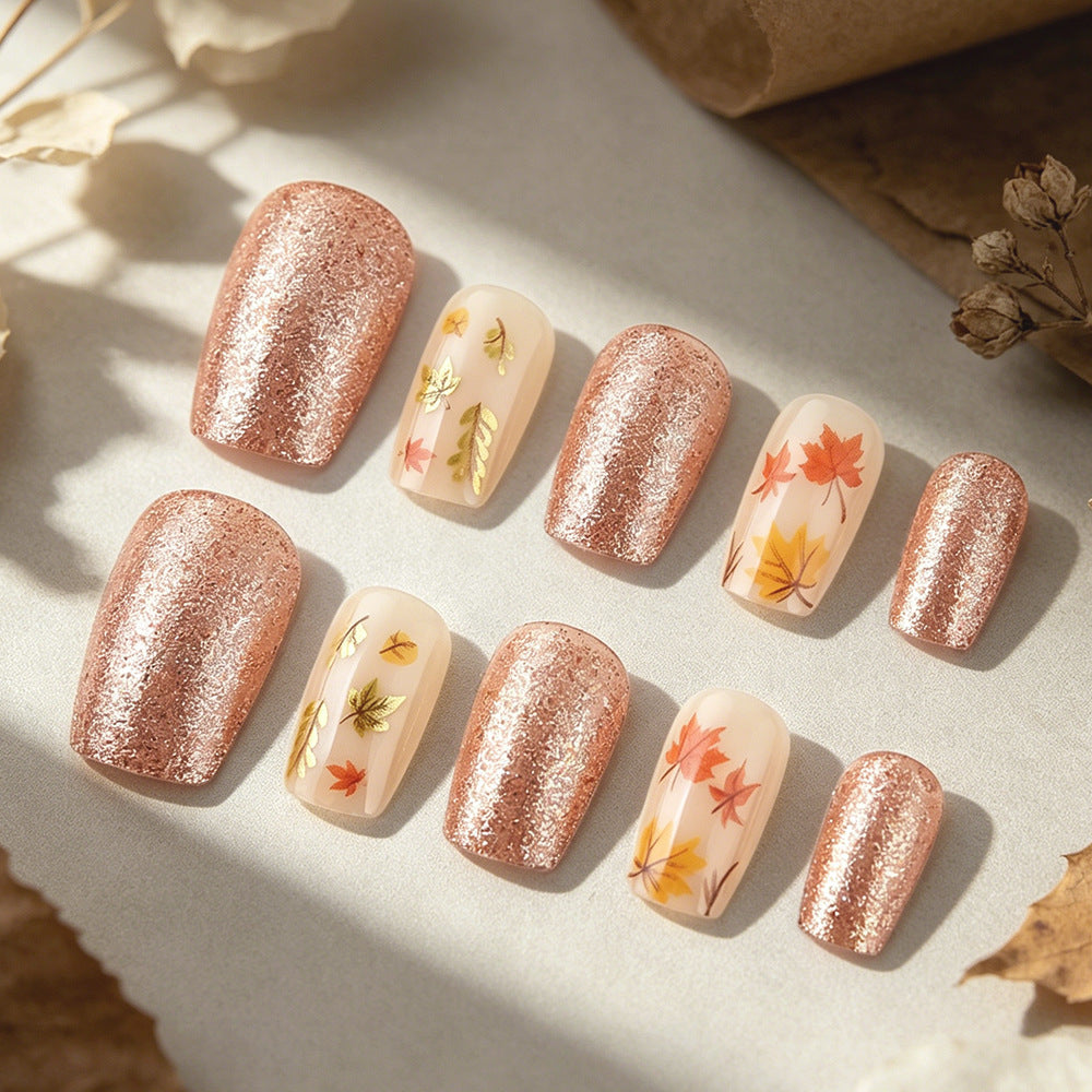 24pcs/Set Glitter Maple Leaves Press-On Nails