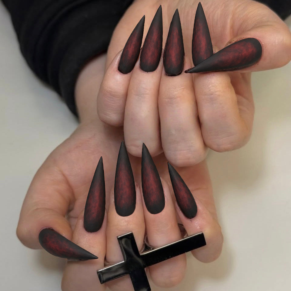 24pcs/Set Red Flame Black Streak Matte Long Stiletto Press-On Nails