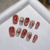 10pcs/Set Red Cat's Eye Long Press-On Nails