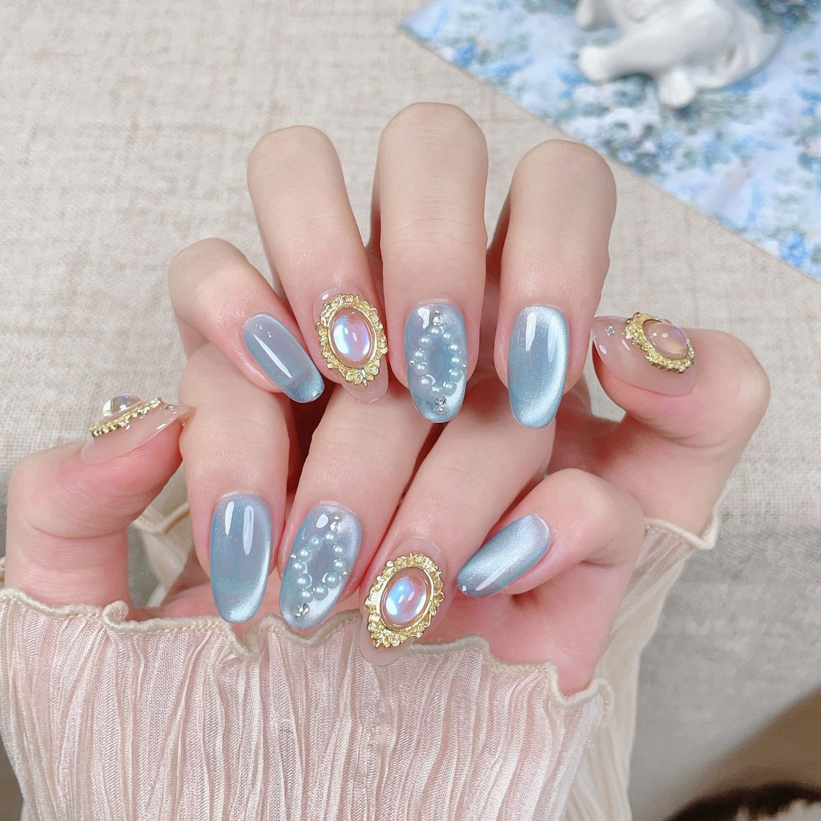 10pcs/Set Golden Mirror Blue Press-On Nails