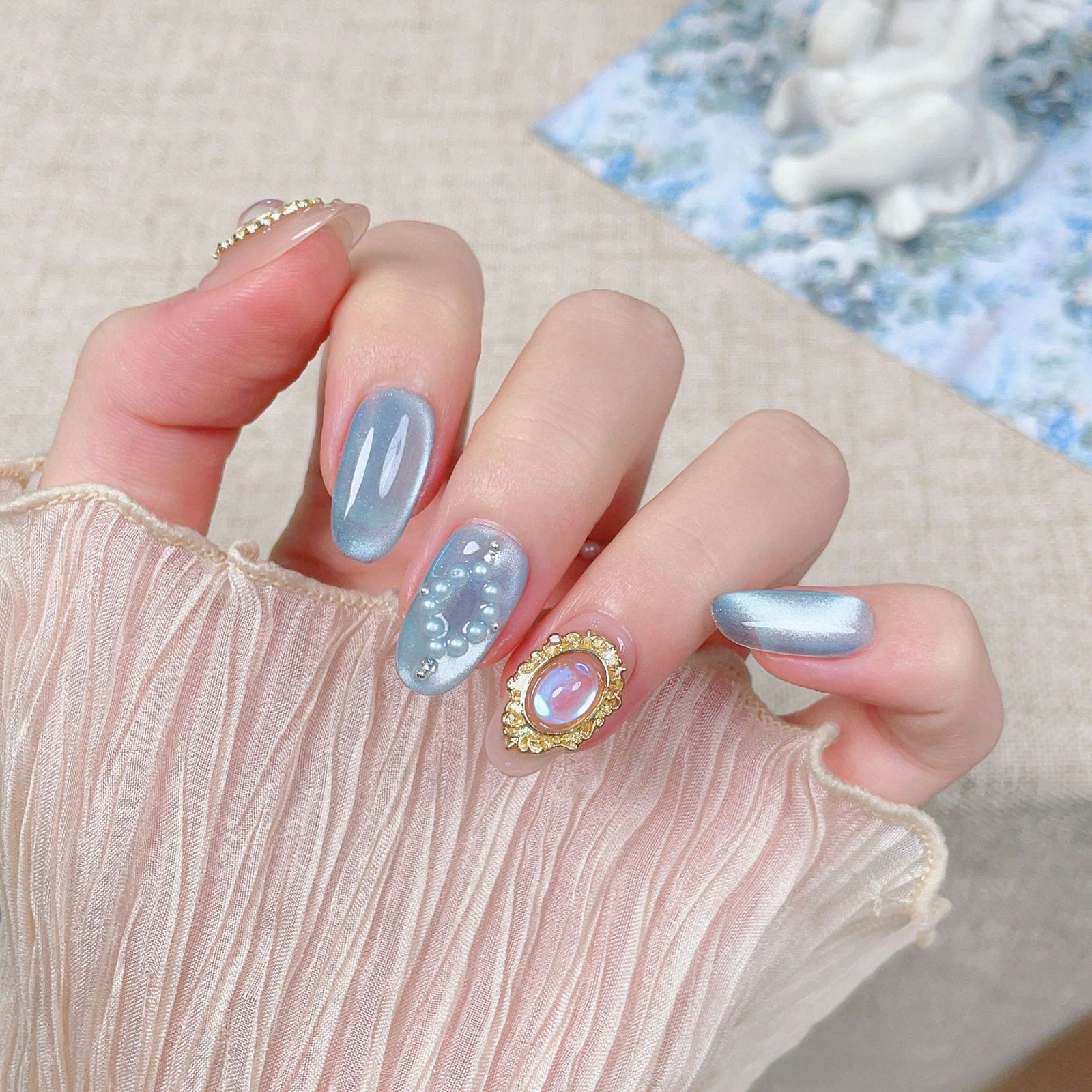 10pcs/Set Golden Mirror Blue Press-On Nails