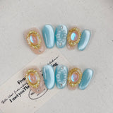 10pcs/Set Golden Mirror Blue Press-On Nails