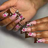 24pcs/Set Printed Floral Rhinestone Press-On Nails