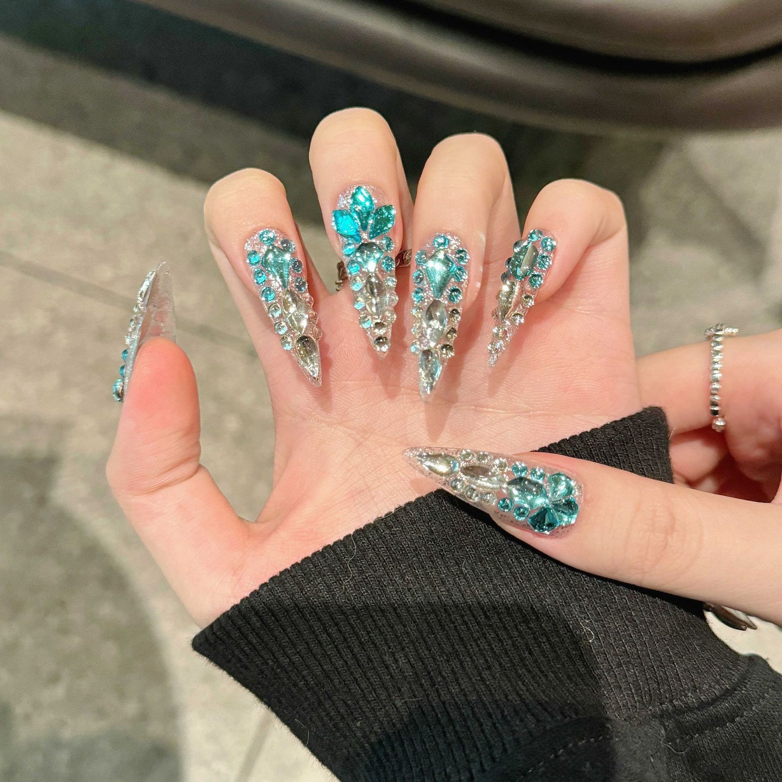 10pcs/Set Rhinestone Sparkling Blue Press-On Nails