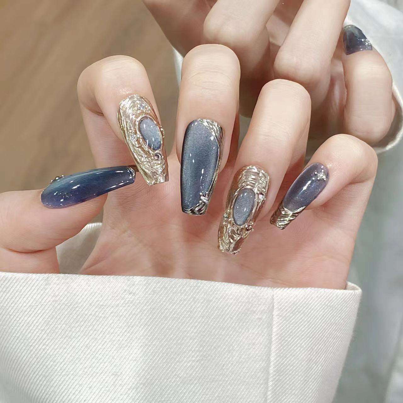 10pcs/Set Blue Bulb Cat Eye Press-On Nails