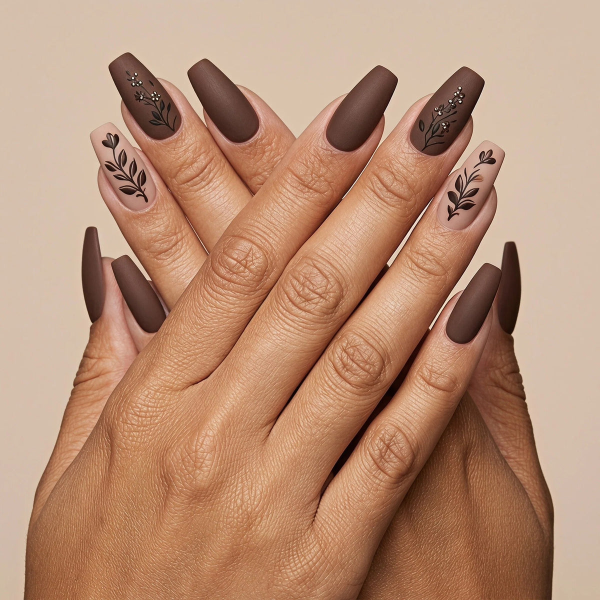 24pcs/Set Maillard Matte Texture Floral and Leaf Press-On Nails