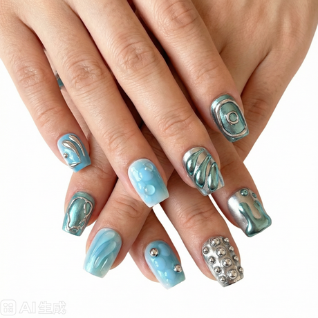 (Handmade) 10pcs/Set Blue 3D Mermaid's Tears Press-On Nails