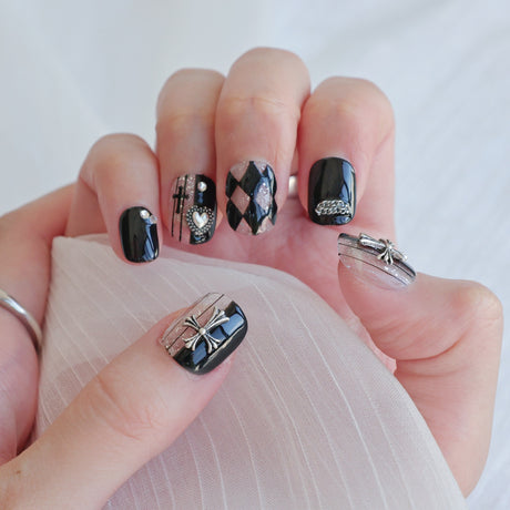 (Handmade) 10pcs/Set Black Grid Press-On Nails