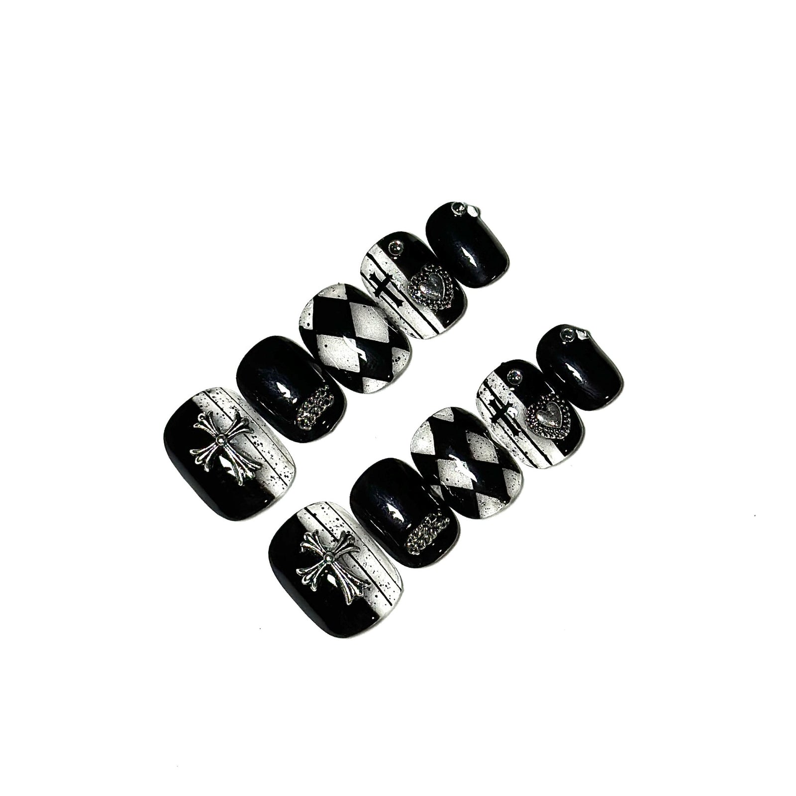 (Handmade) 10pcs/Set Black Grid Press-On Nails