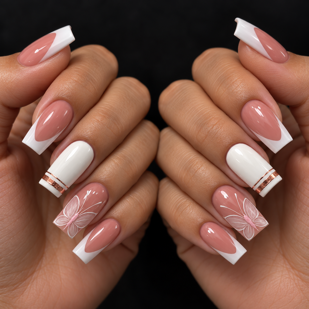 24pcs/Set White Butterfly French Tips Press-On Nails