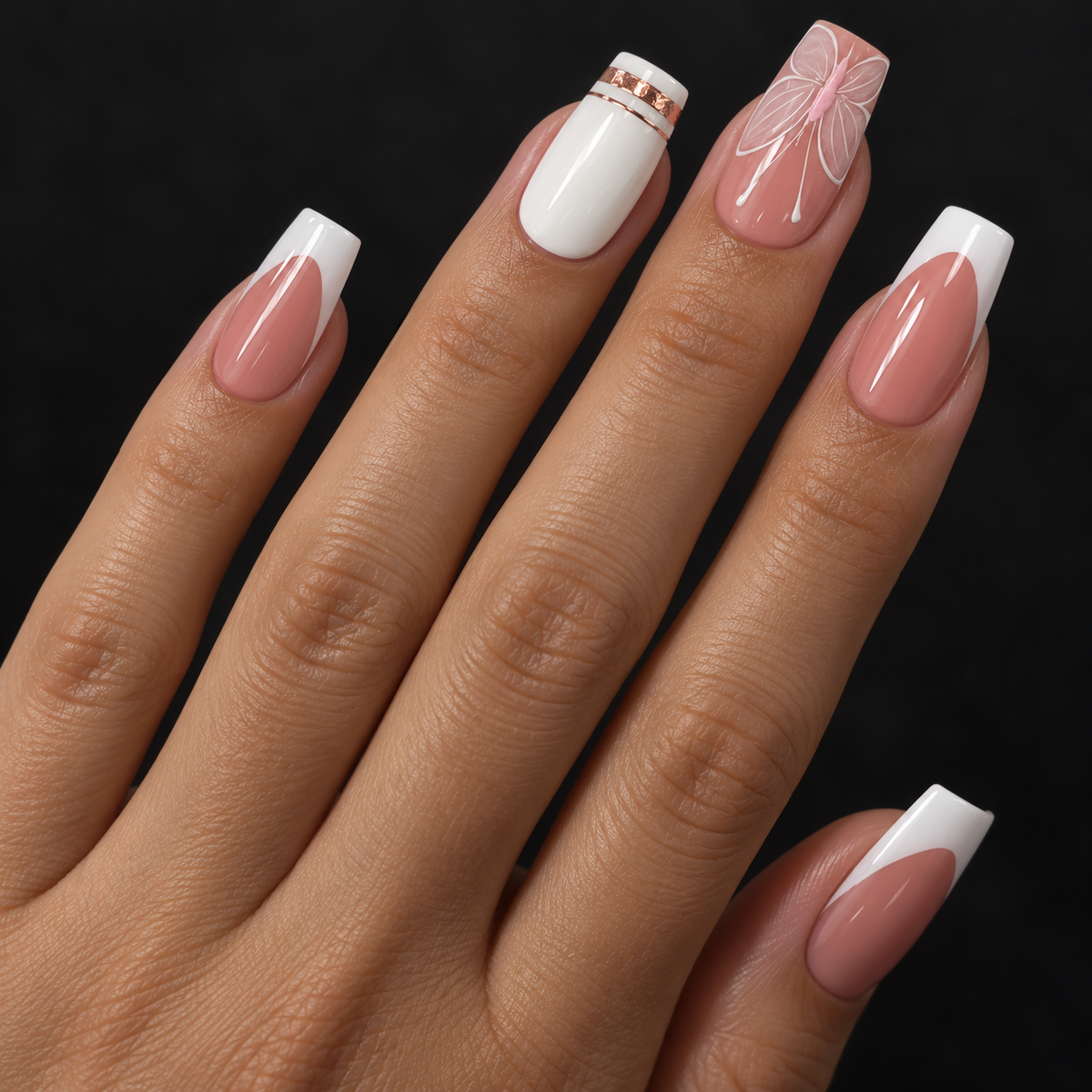 24pcs/Set White Butterfly French Tips Press-On Nails