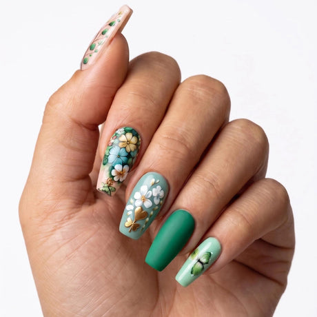 24pcs/Set Green Flowers Press-On Nails