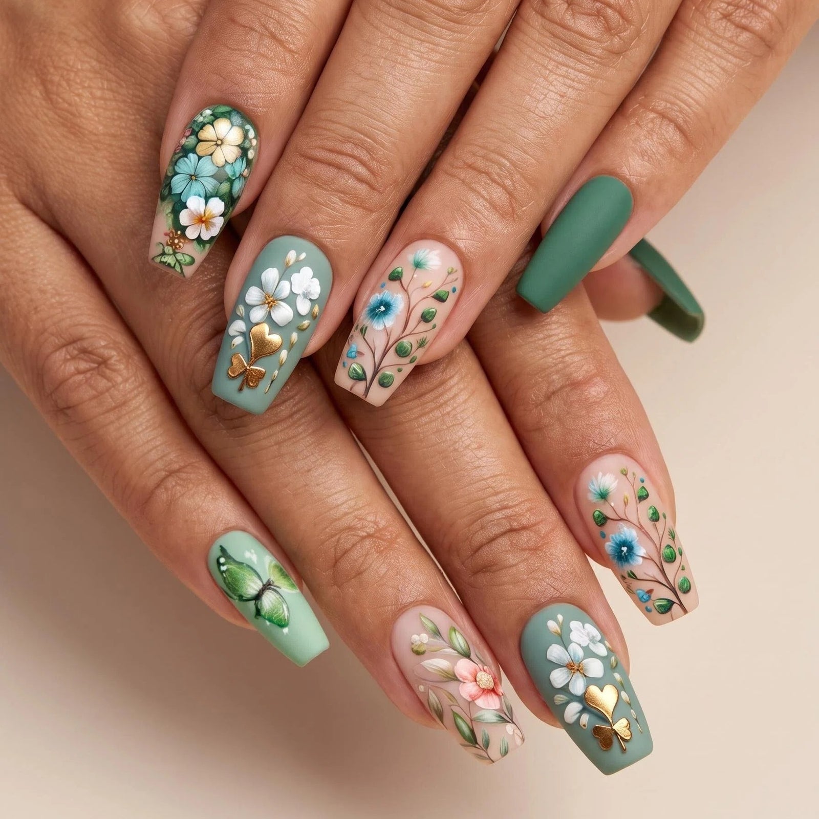 24pcs/Set Green Flowers Press-On Nails