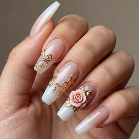 24pcs/Set White Gradient Gold Line Rose Press-On Nails