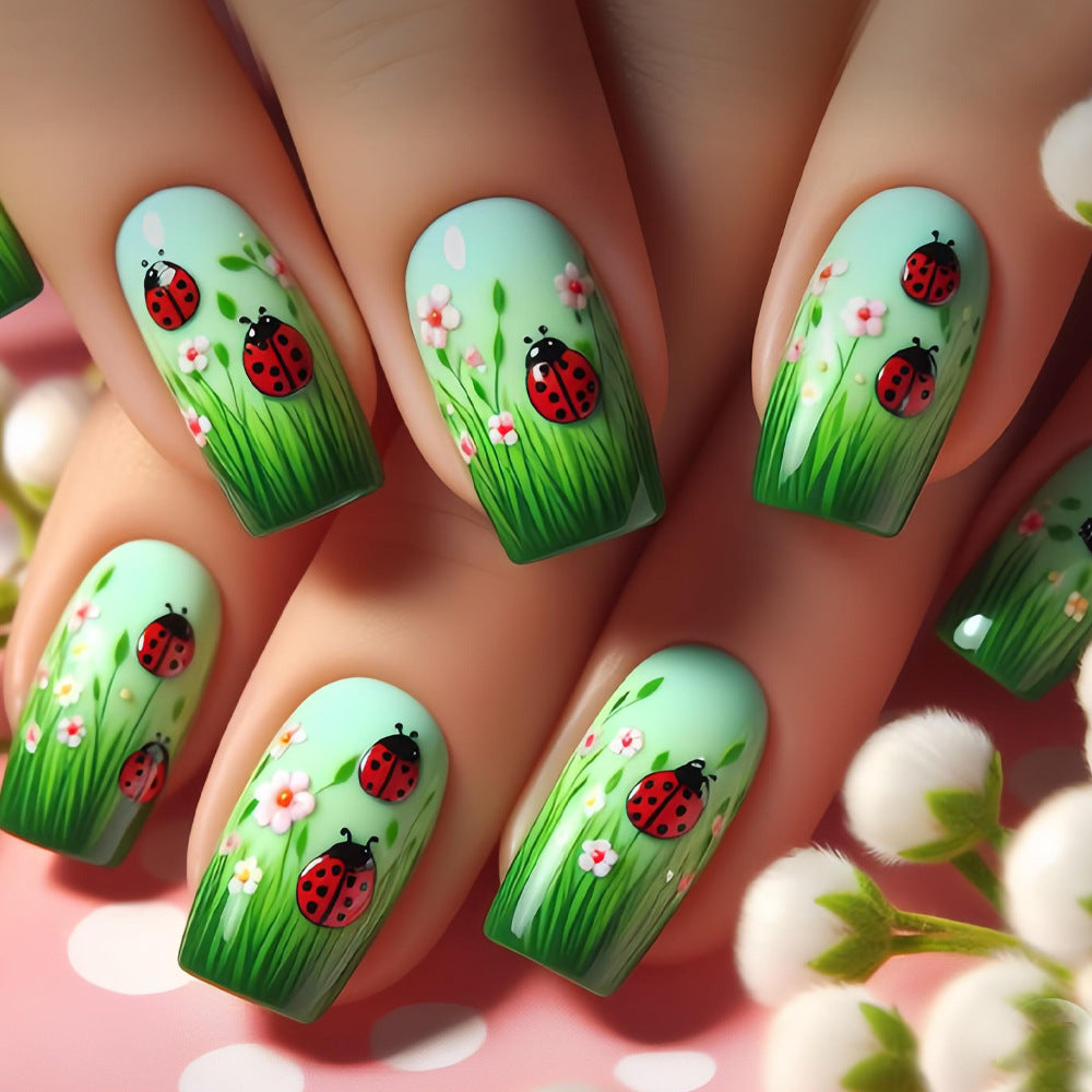 24pcs/Set Ladybug French Tip Press-On Nails
