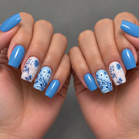 24pcs/Set Blue Flower Press-On Nails
