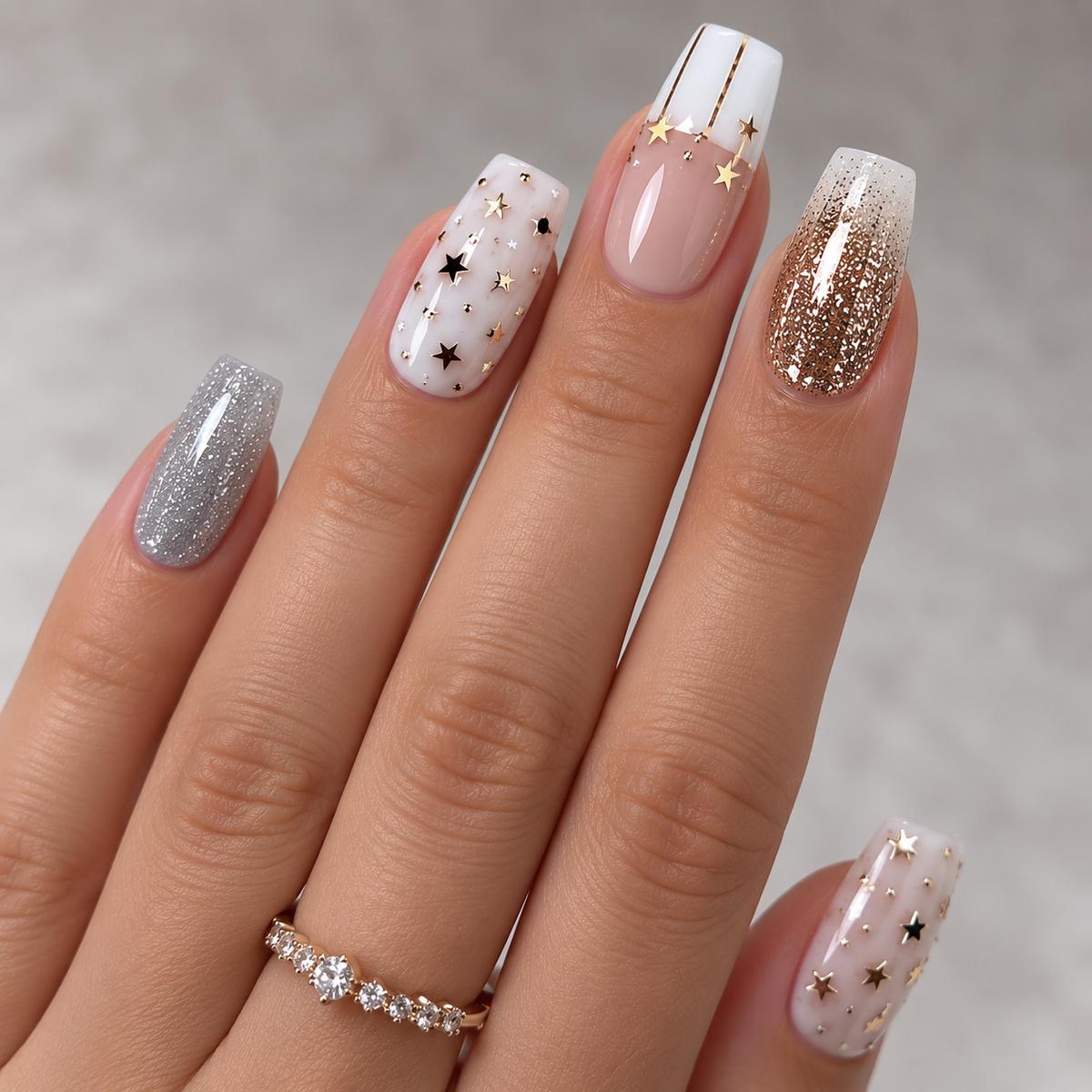24pcs/Set Star and Moon Subtle Glitter French Tips Press-On Nails