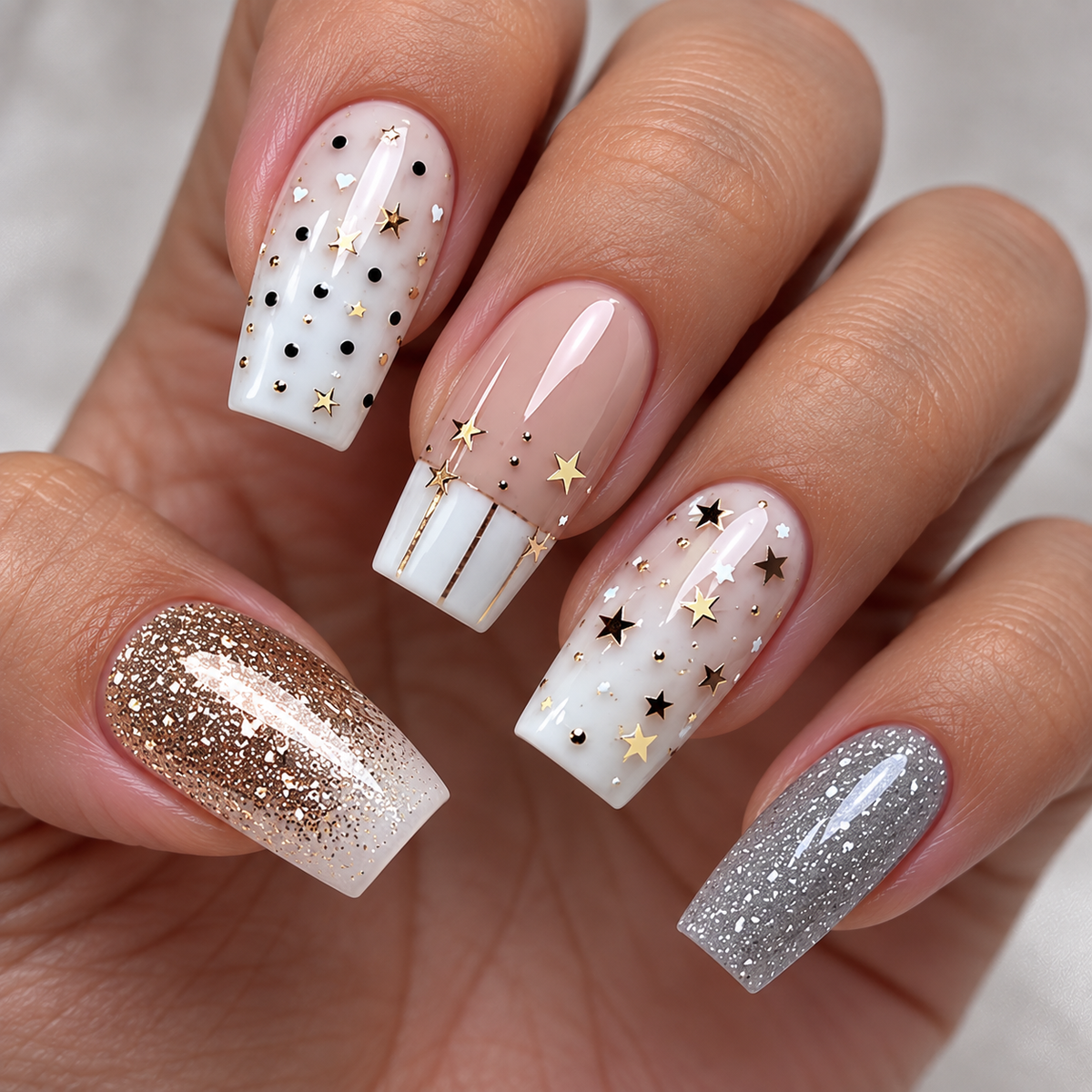 24pcs/Set Star and Moon Subtle Glitter French Tips Press-On Nails