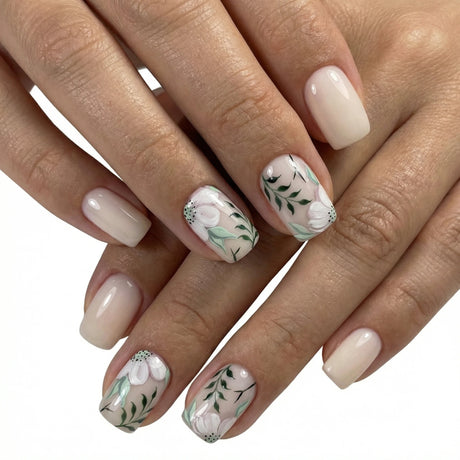 24pcs/Set Spring Flowers and Green Leaves Short Press-On Nails