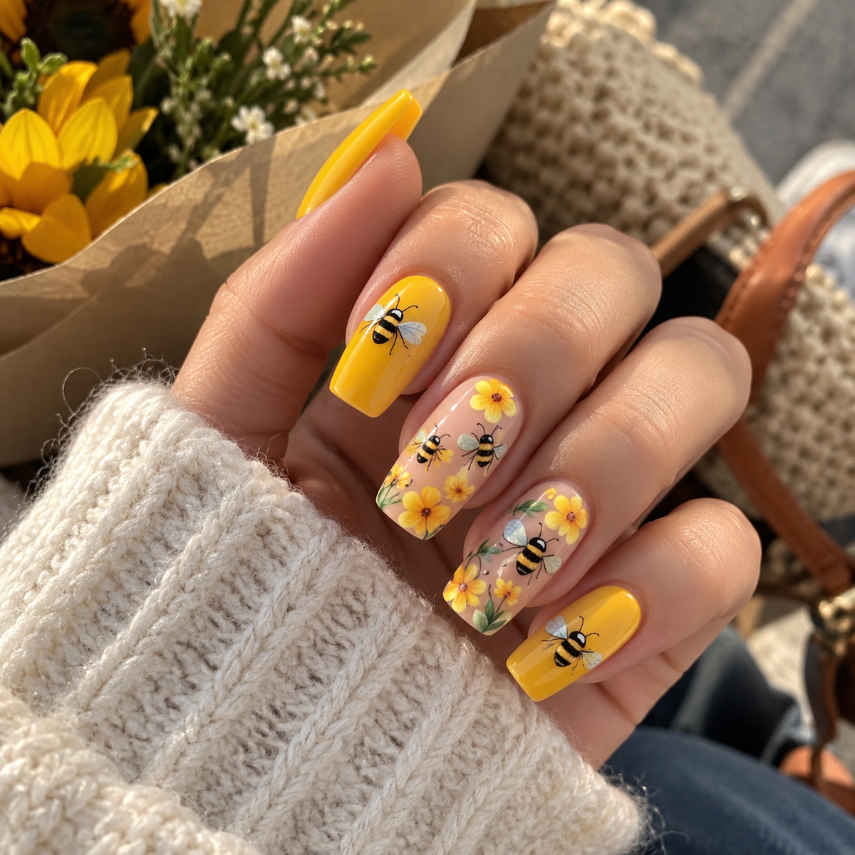 24pcs/Set 3D Embossed Bumblebee Flower Press-On Nails