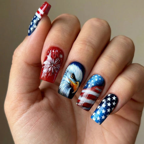 24pcs/Set American Flag Bald Eagle & Fireworks Press-On Nails