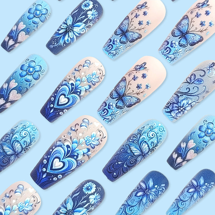 24pcs/Set Blue Floral Butterfly Press-On Nails