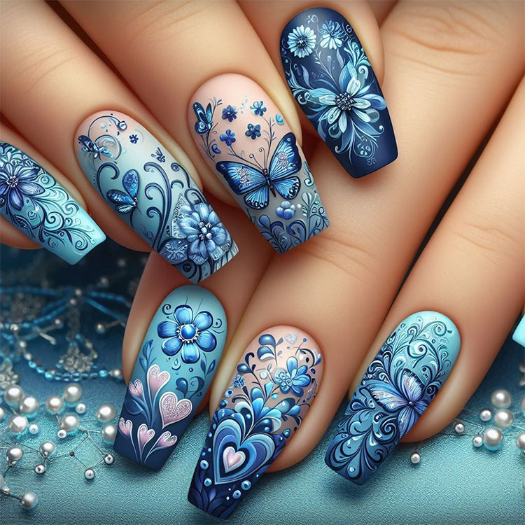 24pcs/Set Blue Floral Butterfly Press-On Nails