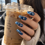 24pcs/Set Glitter Heart Blue Press-On Nails