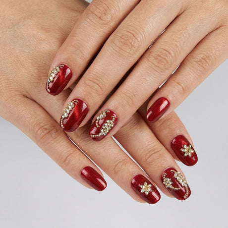(Handmade) 10pcs/Set Red Flowers Leaves Press-On Nails