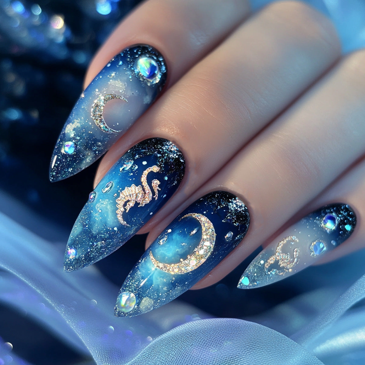 24pcs/Set Dark Blue Starry Sky Press-On Nails
