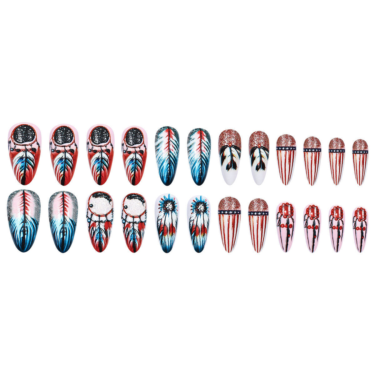 24pcs/Set Color Gradient Feather Bohemian Style Press-On Nails