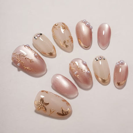 24pcs/Set 3D Gold Foil Floral Cat Eye Press-On Nails