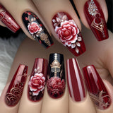 24pcs/Set Red Rose Flower Press-On Nails